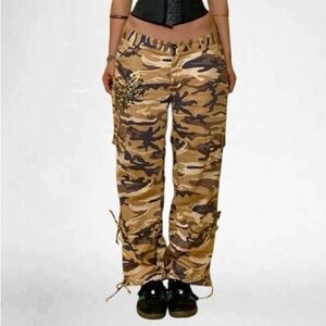 Baby Phat Y2K Brown Tan Camo Cargo Wide Leg Embellished Rhinestone Pants